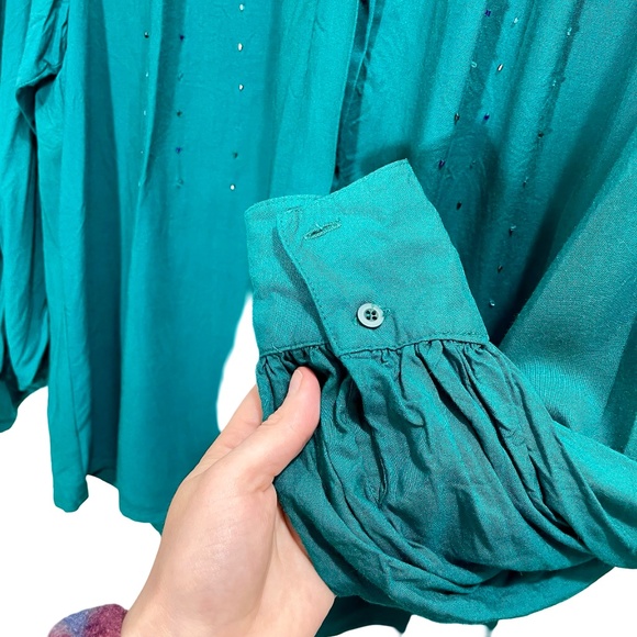 Vintage 1990s Women's Wrangler Western Collared Beaded Button Up Teal Blouse XL - Picture 13 of 13